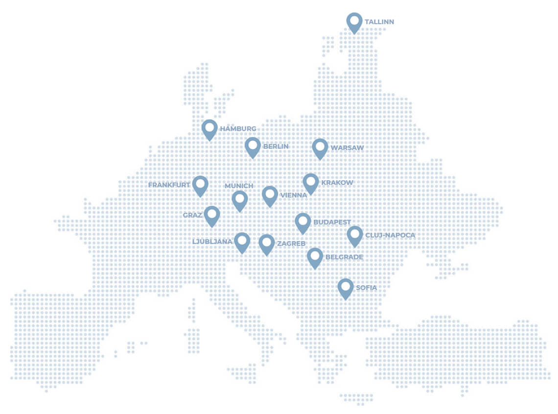 A map showing the location of Sprint Consulting's clients: Budapest, Belgrade, Sofia, Cluj-Napoca, Zagreb, Vienna, Krakow